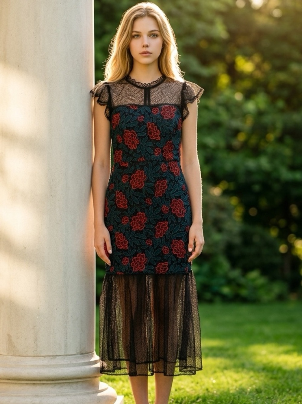 Floral Midi Dress in Black with navy & Red Rose Embroidery size small new